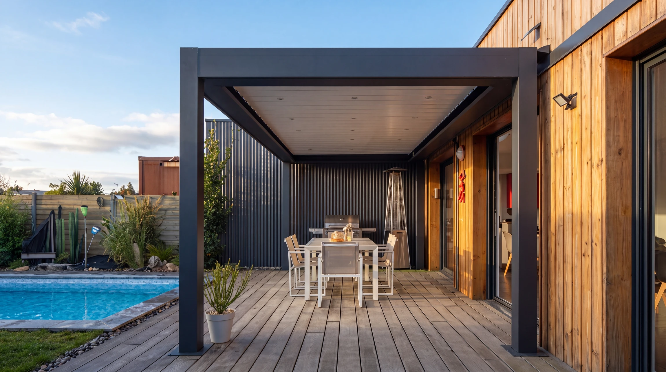 Terrasse extérieure moderne avec pergola bioclimatique en aluminium anthracite à lames orientables