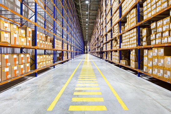 Entrepôt logistique moderne avec allées centrales bétonnées marquées de lignes jaunes de sécurité