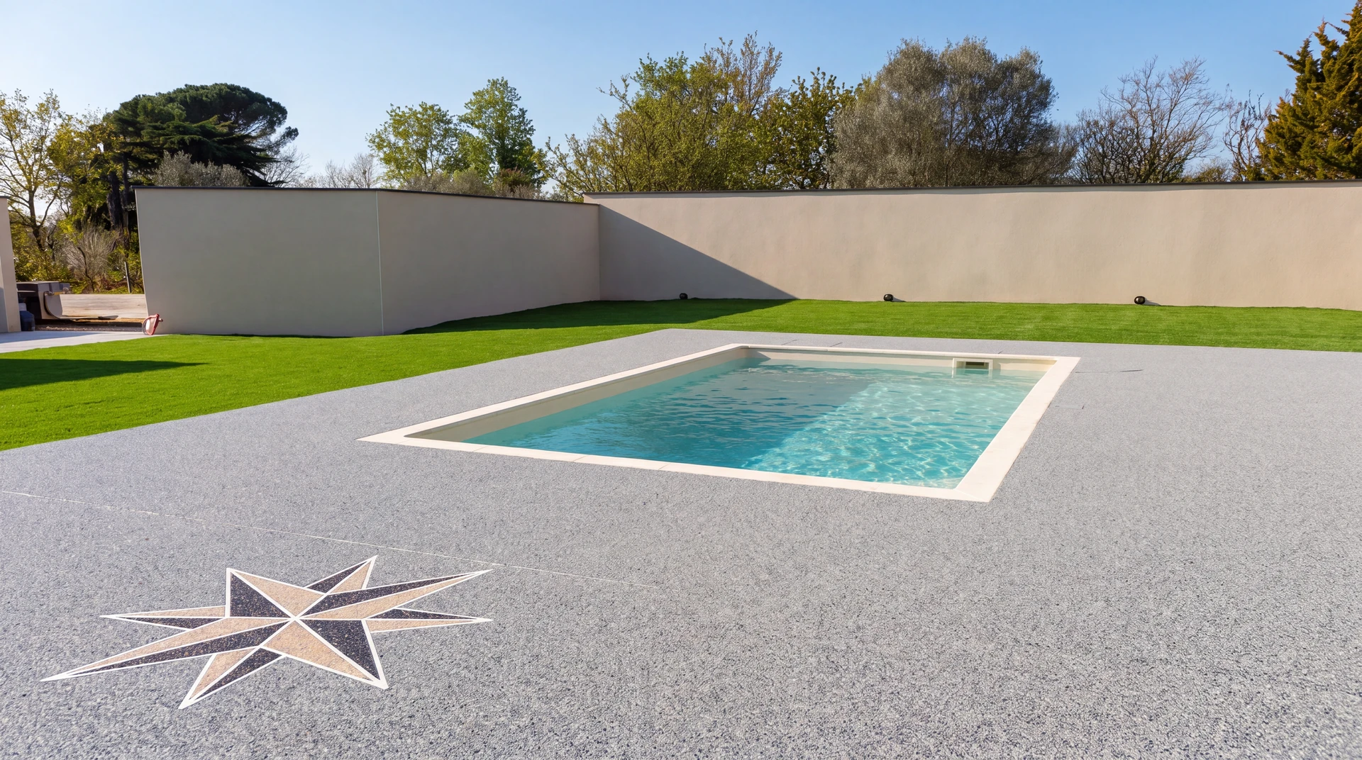 Piscine rectangulaire extérieure à débordement partiel, entourée d'une margelle en béton lisse gris